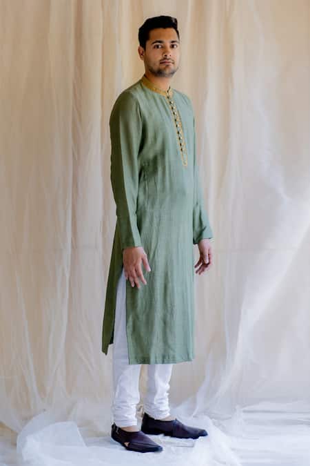Buy Nirjara- Men Green Embroidered Silk Kurta Online | Aza Fashions