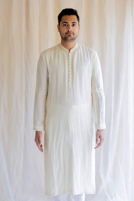 Nirjara White Muga Silk Embroidered Kurta  