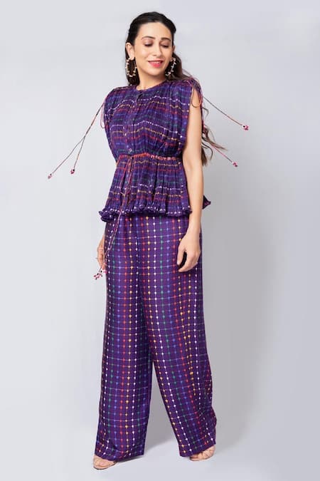 Saaksha & Kinni Purple Cotton Silk Round Pleated Top And Pant Set 