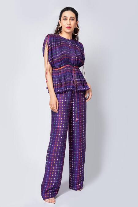 Shop_Saaksha & Kinni_Purple Satin, Cotton Silk Round Pleated Top And Pant Set_at_Aza_Fashions