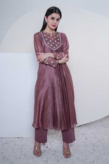 Sravanti_Brown Organza, Chanderi Round Kurta Set_Online_at_Aza_Fashions