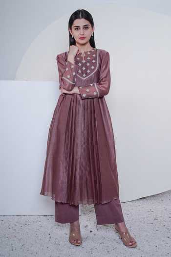 Buy_Sravanti_Brown Organza, Chanderi Round Kurta Set_Online_at_Aza_Fashions