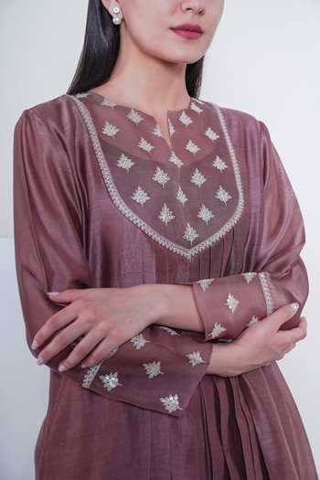 Shop_Sravanti_Brown Organza, Chanderi Round Kurta Set_Online_at_Aza_Fashions