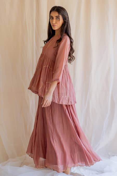 Nirjara_Pink Choli Organza Slip Mulmul Gharara Chanderi Silk Embroidered Kurta Set_Online_at_Aza_Fashions