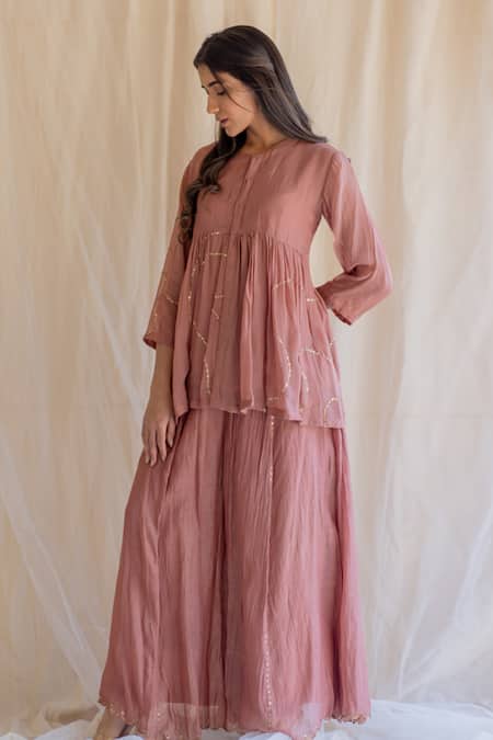 Buy_Nirjara_Pink Choli Organza Slip Mulmul Gharara Chanderi Silk Embroidered Kurta Set_Online_at_Aza_Fashions