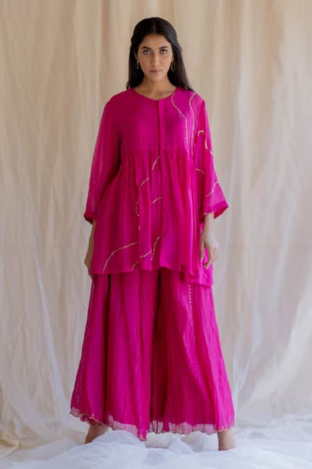 Nirjara Pink Choli Organza Slip Mulmul Gharara Chanderi Silk Embroidered Kurta Set 
