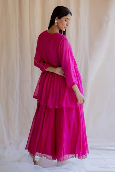 Shop Nirjara Pink Choli Organza Slip Mulmul Gharara Chanderi Silk Embroidered Kurta Set at Aza Fashions Shop_Nirjara_Pink Choli Organza Slip Mulmul Gharara Chanderi Silk Embroidered Kurta Set _at_Aza_Fashions