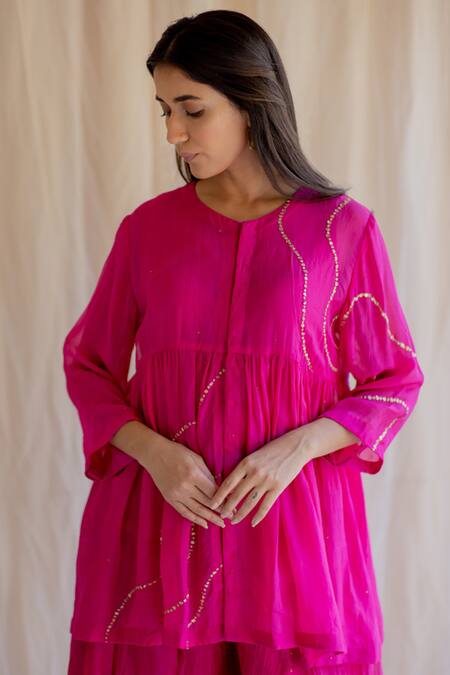 Nirjara Pink Choli Organza Slip Mulmul Gharara Chanderi Silk Embroidered Kurta Set Online at Aza Fashions Nirjara_Pink Choli Organza Slip Mulmul Gharara Chanderi Silk Embroidered Kurta Set _Online_at_Aza_Fashions
