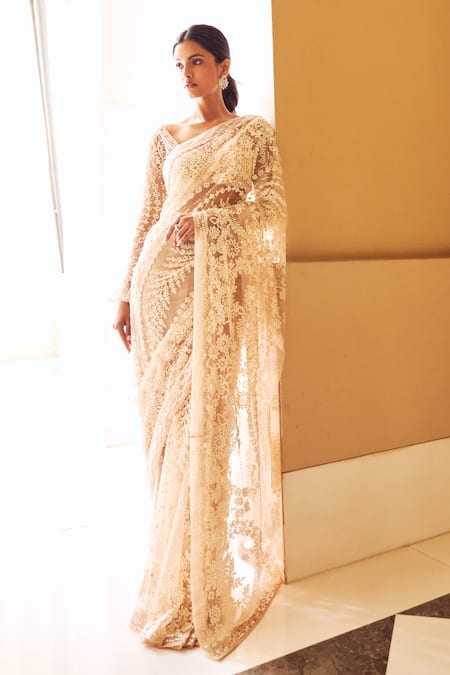 Seema Gujral Tulle Embroidered Saree With Blouse 