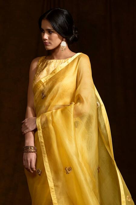 Weaver Story_Yellow Organza Floral, Zardozi Work Handloom Saree _Online_at_Aza_Fashions