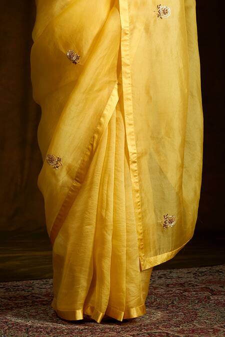 Buy_Weaver Story_Yellow Organza Floral, Zardozi Work Handloom Saree _Online_at_Aza_Fashions
