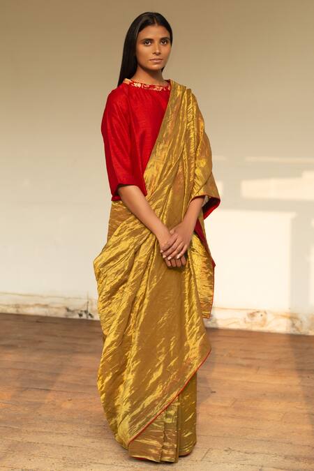 Shop_Shorshe Clothing_Gold Handloom Tissue Round Saree With Blouse_at_Aza_Fashions