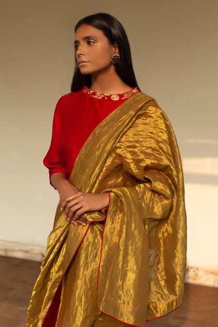 Buy_Shorshe Clothing_Gold Handloom Tissue Round Saree With Blouse_Online_at_Aza_Fashions