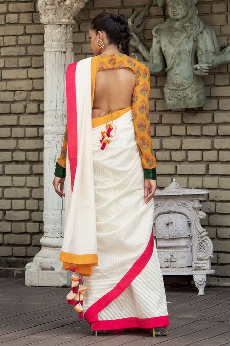 Nikasha_White Crepe, Banarasi Woven Cotton Boat Saree With Blouse _Online_at_Aza_Fashions