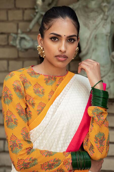 Buy_Nikasha_White Crepe, Banarasi Woven Cotton Boat Saree With Blouse _Online_at_Aza_Fashions