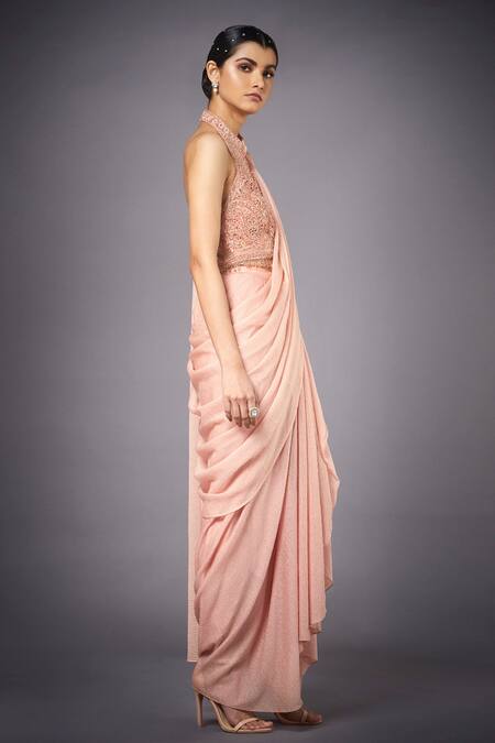 RI.Ritu Kumar_Peach Saree 50% Viscose 50% Lycra Lining Viscose Pre-draped Ruffle With _Online_at_Aza_Fashions