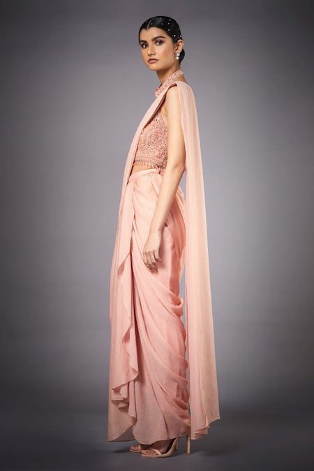Buy_RI.Ritu Kumar_Peach Saree 50% Viscose 50% Lycra Lining Viscose Pre-draped Ruffle With _Online_at_Aza_Fashions
