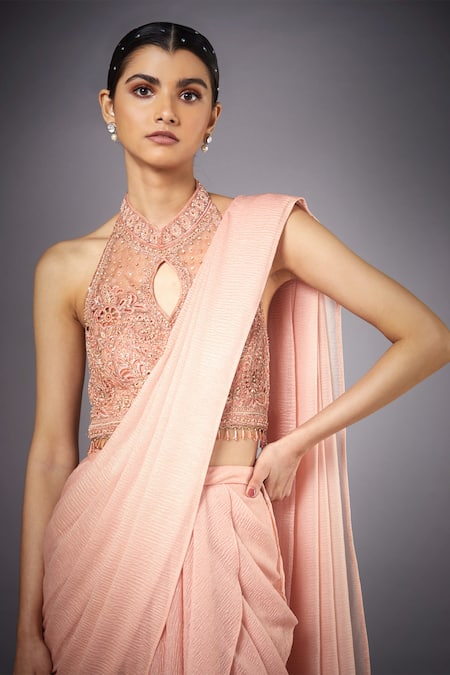 Shop_RI.Ritu Kumar_Peach Saree 50% Viscose 50% Lycra Lining Viscose Pre-draped Ruffle With _Online_at_Aza_Fashions