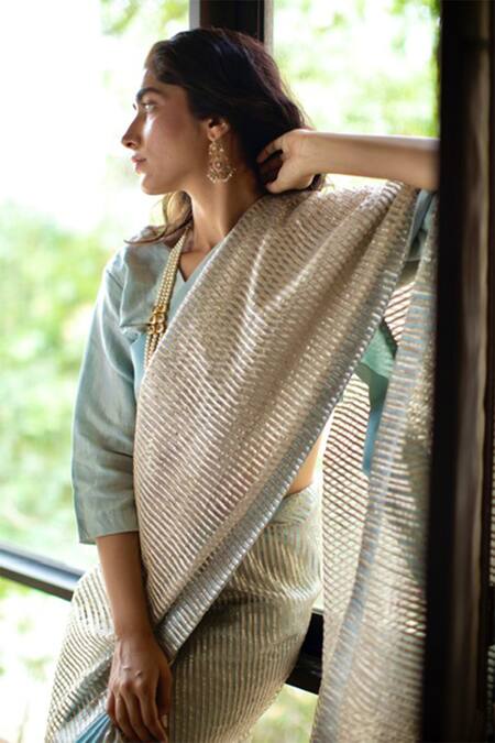 Shorshe Clothing_Blue Net, Chanderi Gota Embroidered Saree _Online_at_Aza_Fashions