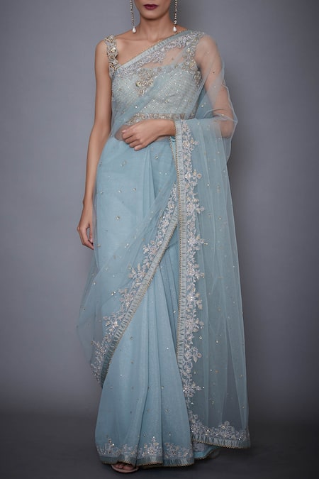 RI.Ritu Kumar Blue Mono Net Sweetheart Neck Embroidered Saree With Blouse 