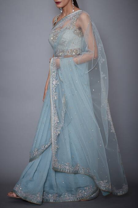 Shop RI.Ritu Kumar Blue Mono Net Sweetheart Neck Embroidered Saree With Blouse Online at Aza Fashions Shop_RI.Ritu Kumar_Blue Mono Net Sweetheart Neck Embroidered Saree With Blouse_Online_at_Aza_Fashions