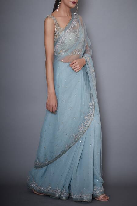RI.Ritu Kumar Blue Mono Net Sweetheart Neck Embroidered Saree With Blouse Online at Aza Fashions RI.Ritu Kumar_Blue Mono Net Sweetheart Neck Embroidered Saree With Blouse_Online_at_Aza_Fashions