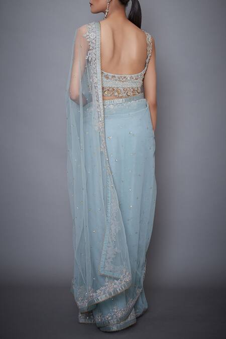 Shop RI.Ritu Kumar Blue Mono Net Sweetheart Neck Embroidered Saree With Blouse at Aza Fashions Shop_RI.Ritu Kumar_Blue Mono Net Sweetheart Neck Embroidered Saree With Blouse_at_Aza_Fashions