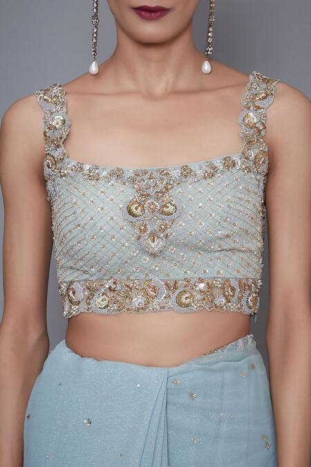 RI.Ritu Kumar Blue Mono Net Sweetheart Neck Embroidered Saree With Blouse at Aza Fashions RI.Ritu Kumar_Blue Mono Net Sweetheart Neck Embroidered Saree With Blouse_at_Aza_Fashions