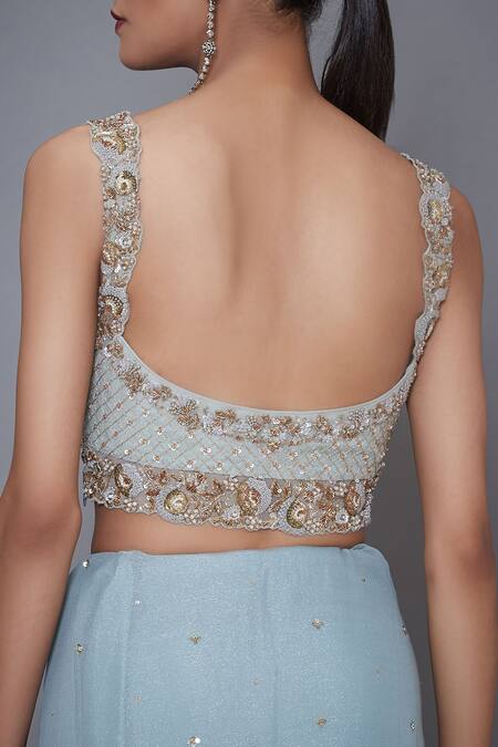 Buy RI.Ritu Kumar Blue Mono Net Sweetheart Neck Embroidered Saree With Blouse Buy_RI.Ritu Kumar_Blue Mono Net Sweetheart Neck Embroidered Saree With Blouse