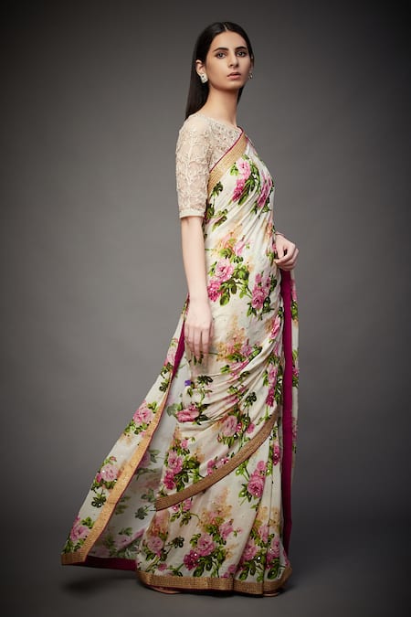 RI.Ritu Kumar Pink Rayon Crepe Round Neck Floral Print Saree Set Online at Aza Fashions RI.Ritu Kumar_Pink Rayon Crepe Round Neck Floral Print Saree Set _Online_at_Aza_Fashions