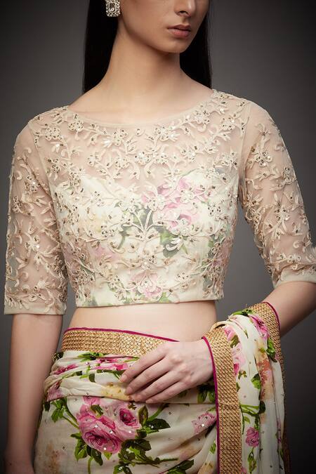 Shop RI.Ritu Kumar Pink Rayon Crepe Round Neck Floral Print Saree Set Online at Aza Fashions Shop_RI.Ritu Kumar_Pink Rayon Crepe Round Neck Floral Print Saree Set _Online_at_Aza_Fashions