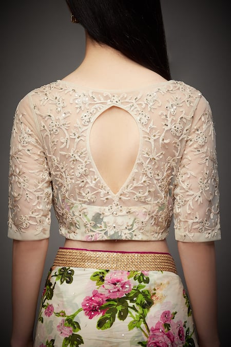 RI.Ritu Kumar Pink Rayon Crepe Round Neck Floral Print Saree Set at Aza Fashions RI.Ritu Kumar_Pink Rayon Crepe Round Neck Floral Print Saree Set _at_Aza_Fashions