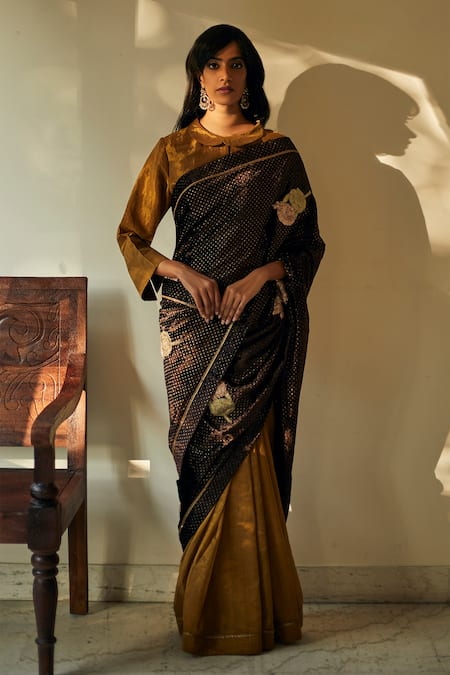 Shorshe Clothing Brown Handloom Tissue And Velvet Embellished Saree 