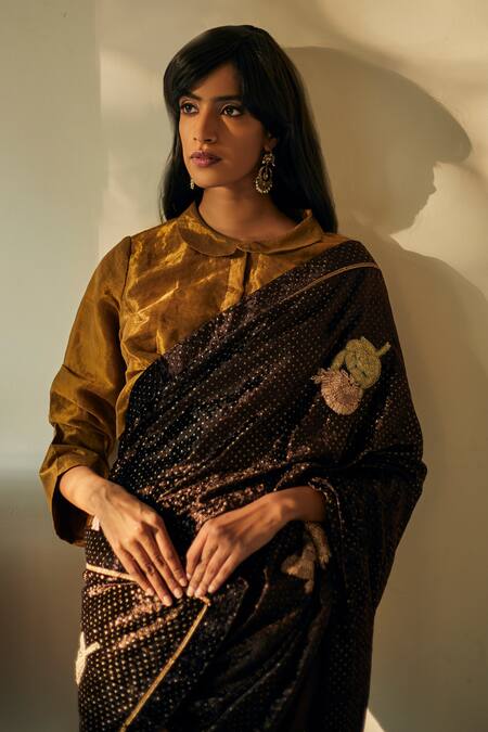 Shorshe Clothing_Brown Handloom Tissue And Velvet Embellished Saree_Online_at_Aza_Fashions