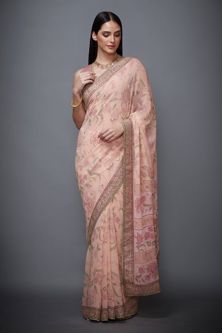 RI.Ritu Kumar Pink Silk V Neck Chiffon Floral Print Saree 