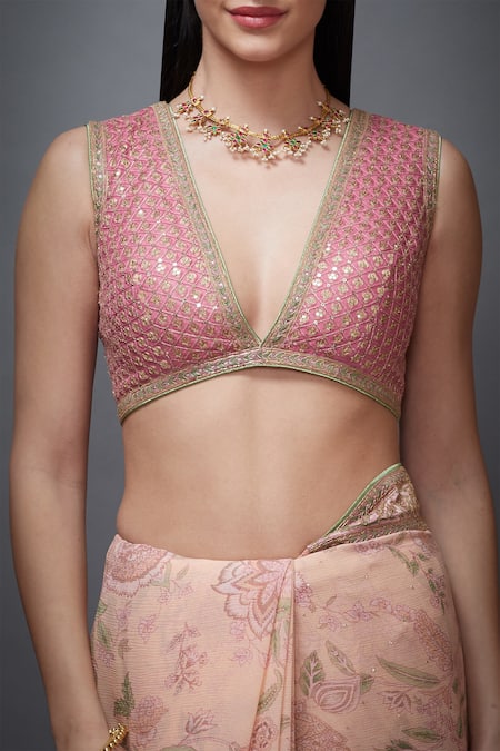 Shop_RI.Ritu Kumar_Pink Silk V Neck Chiffon Floral Print Saree _Online_at_Aza_Fashions
