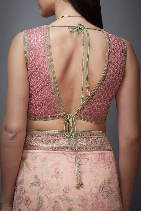 RI.Ritu Kumar_Pink Silk V Neck Chiffon Floral Print Saree _at_Aza_Fashions