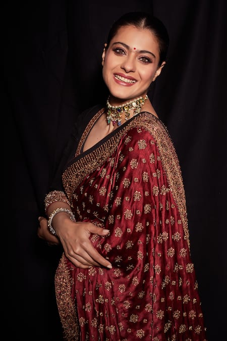 RI.Ritu Kumar_Maroon Silk Satin Sweetheart Neck Embroidered Saree _at_Aza_Fashions