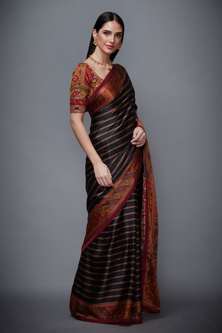 Buy RI.Ritu Kumar Black Silk, Satin Lining Viscose Leaf Neck Striped Saree With Blouse Online at Aza Fashions Buy_RI.Ritu Kumar_Black Silk, Satin Lining Viscose Leaf Neck Striped Saree With Blouse _Online_at_Aza_Fashions