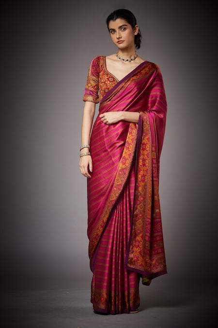 Striped Multicolour Kanjeevaram Silk Saree with Black Border - Tulsi Weaves