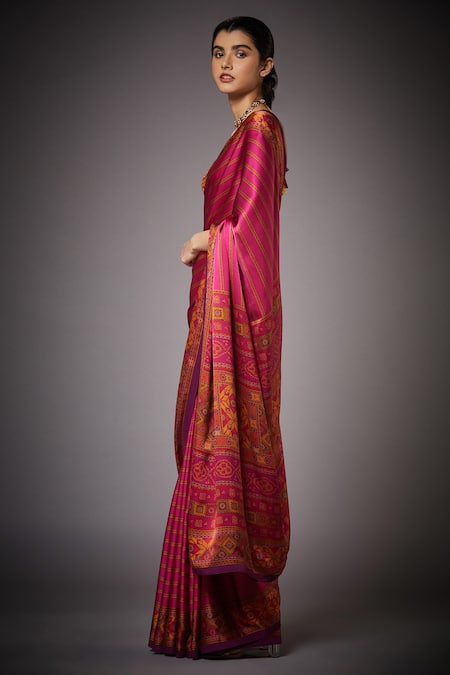RI.Ritu Kumar_Pink Silk, Satin Blouse Silk Lining Viscose Striped Saree With_Online_at_Aza_Fashions