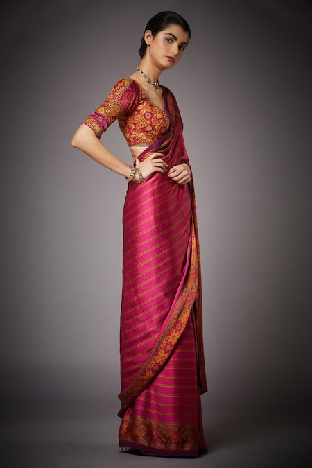Buy_RI.Ritu Kumar_Pink Silk, Satin Blouse Silk Lining Viscose Striped Saree With_Online_at_Aza_Fashions