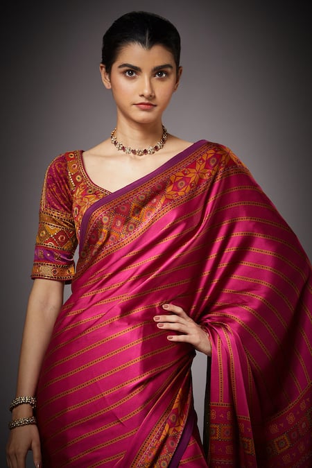 Shop_RI.Ritu Kumar_Pink Silk, Satin Blouse Silk Lining Viscose Striped Saree With_Online_at_Aza_Fashions