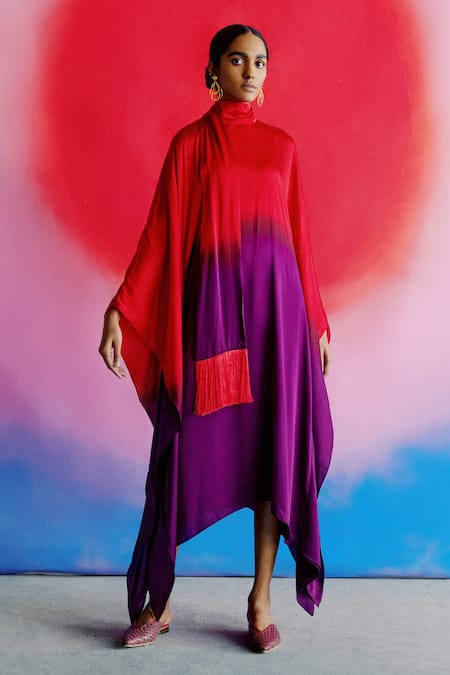 Studio Rigu Red Vegan Silk Tie-dye High Neck Tie Dye Asymmetric Dress 