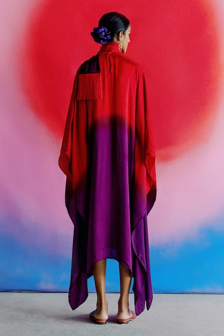 Shop Studio Rigu Red Vegan Silk Tie-dye High Neck Tie Dye Asymmetric Dress at Aza Fashions Shop_Studio Rigu_Red Vegan Silk Tie-dye High Neck Tie Dye Asymmetric Dress _at_Aza_Fashions