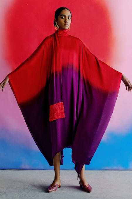 Studio Rigu Red Vegan Silk Tie-dye High Neck Tie Dye Asymmetric Dress Online at Aza Fashions Studio Rigu_Red Vegan Silk Tie-dye High Neck Tie Dye Asymmetric Dress _Online_at_Aza_Fashions