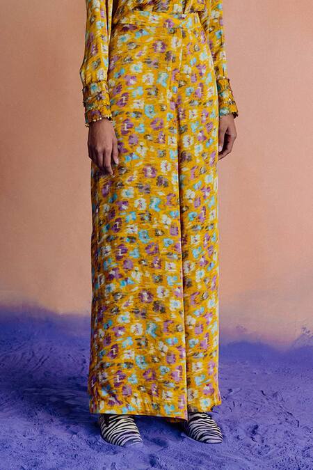 Studio Rigu Yellow Vegan Silk Abstract Printed Trousers Online at Aza Fashions Studio Rigu_Yellow Vegan Silk Abstract Printed Trousers_Online_at_Aza_Fashions