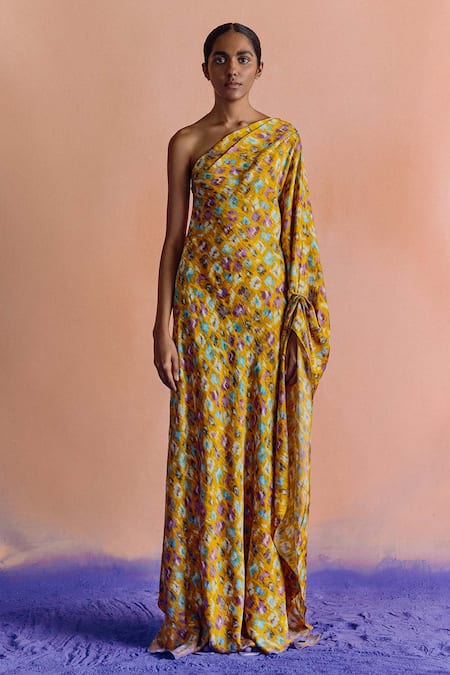 Studio Rigu Vegan Silk Printed One Shoulder Gown 