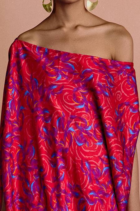 Studio Rigu_Red Vegan Silk Floral One Shoulder Printed Draped Dress_Online_at_Aza_Fashions
