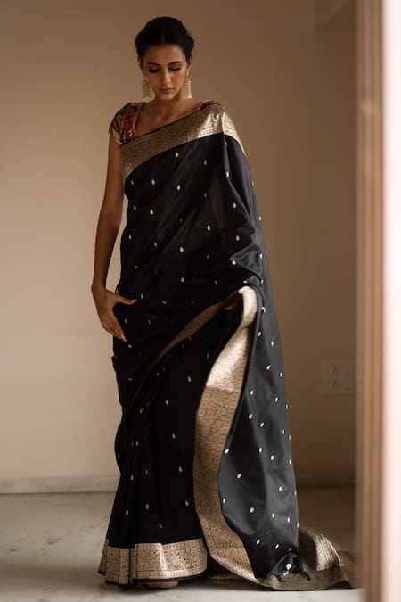 Priyanka Raajiv Black Silk Brocade Banarasi Woven Thread Saree